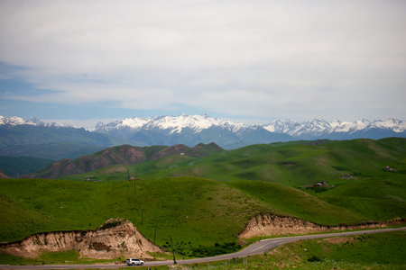 Beautiful view of mountains and road in Kyrgyzstan.の写真素材
