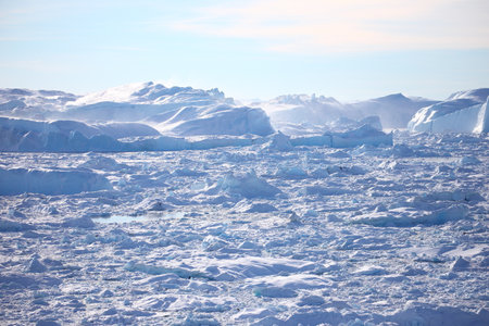 Antarctic landscape with icebergs and ice floes in winter