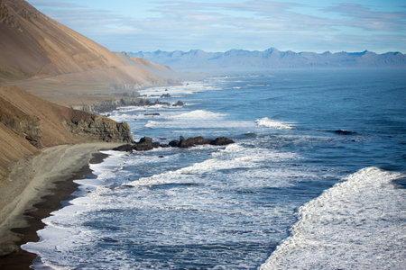 Icelandic landscape with cliffs and ocean in Fjallabak Nature Reserveの写真素材