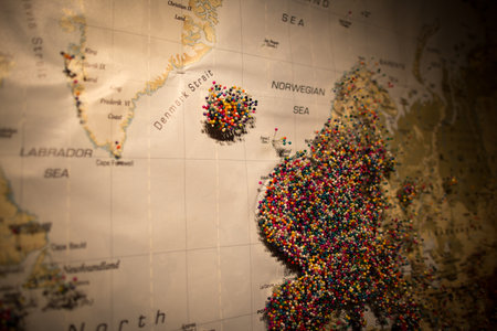 Vintage map of Europe with colorful candies. Toned.の写真素材