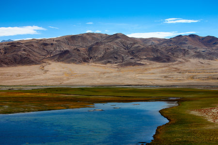 Mountain landscape with lake and blue sky in Ladakh, India