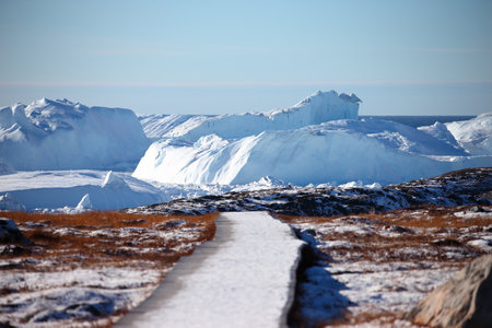 Hiking trail in Glacier Lagoon, Iceland, Europe. Beautiful winter landscape.