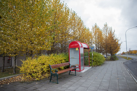 Public bus stop in the autumn park with yellow trees on the backgroundの写真素材