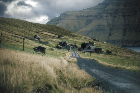 Dramatic view of a village in the Faroe Islands.の写真素材