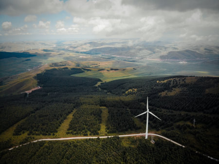 Aerial view of wind turbines in the middle of the forest.
