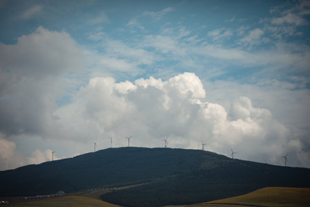 Wind turbines in the Carpathian mountains. Ukraine. Toned.の写真素材