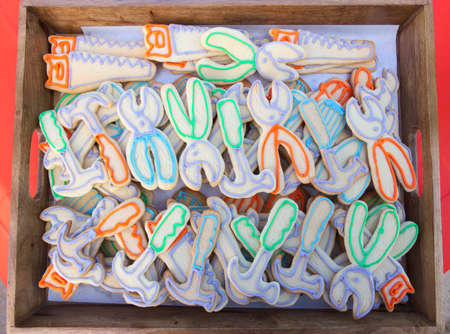 Cookies with colorful icing shaped like toolsの写真素材