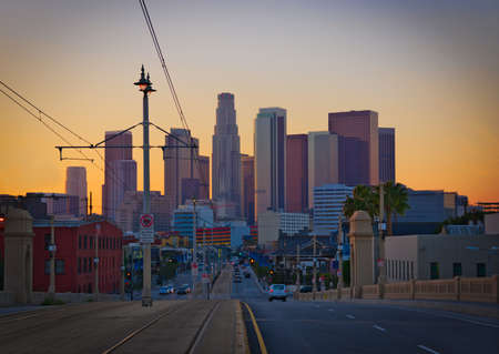 Downtown Los Angeles at sunset from eastの写真素材