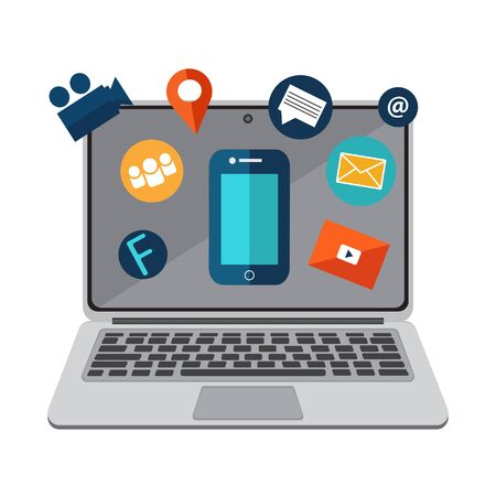 Online Marketing and social media on laptop screen vector illustration.のイラスト素材