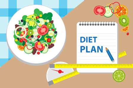 Vektor für Diet, Food, Vegetable, Healthy lifestyle and weight loss banner plan with a dish of salad, table set and scale vector illustration. - Lizenzfreies Bild