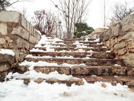 Stairway Garden covered Snow Ifrane moroccoの写真素材