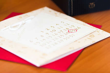 Wedding planning day - date of a wedding circled on a calendarの写真素材