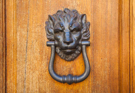 Old door knocker in the form of a lion head, Florence, Italyの写真素材