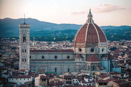 Cathedral Santa Maria del Fiore and Pallazo Vecchio in Florence city view, Italyの写真素材