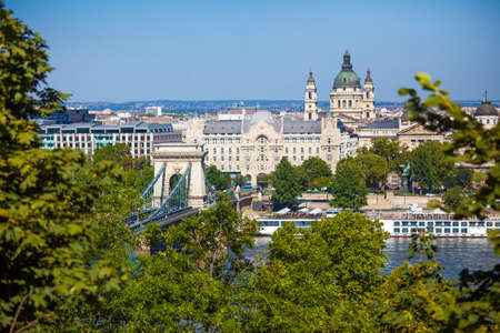 View of Szechenyi Chain Bridge on August 2, 2013 in Budapest.の写真素材