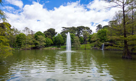 Lake with fountain in Retiro Park in Madrid, Spain