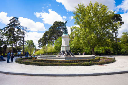 Madrid, Spain - May 6, 2012: Fountain of Fallen Angel (Fuente del Angel Caido) on Retiro Park one of largest parks of Madrid city, Spain.のeditorial素材