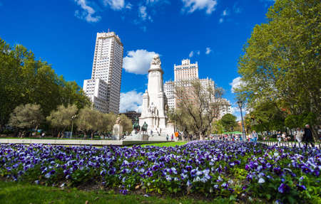 Madrid, Spain - May 6, 2012: Spain Square with monument to Cervantes, Torre de Madrid and Edificio Espana in Madrid on a sunny spring day, Spainのeditorial素材