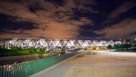 Madrid, Spain - May 5, 2012: Arganzuela Bridge illuminated on a spring night and Madrid Rio Park, Madrid, Spainのeditorial素材