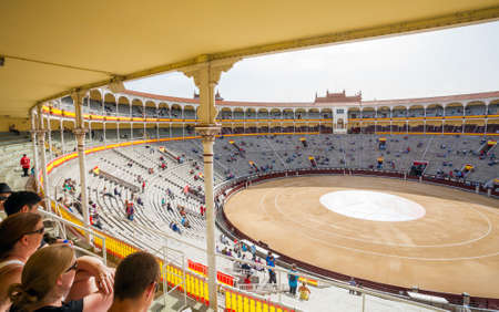 Madrid, Spain - May 11, 2012: Plaza de Toros de Las Ventas interior view with tourists gathering for the bull show in Madrid on a sunny day, Spainのeditorial素材