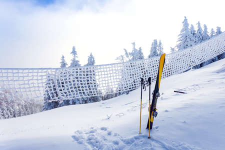 Ski equipment on ski run with pine forest covered in snow seen trough a frozen fence on back in winter season - Poiana Brasovの写真素材