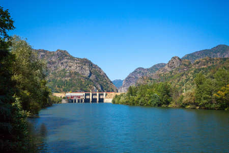 Cozia Romania  Septemper 2 2012: Dam built on Olt river on a sunny summer day Romaniaのeditorial素材