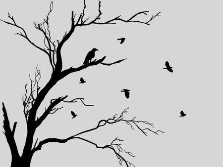 Design for Black Branch Tree or Naked trees and bird silhouettes on grey background.のイラスト素材