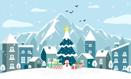 City Nature park background and snowing for winter season concept. Hand drawn isolated illustrations.のイラスト素材