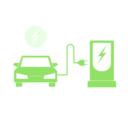 Vector illustration of electric powered car and charging point icons style.のイラスト素材