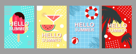 Vector Illustration Elements of Hand Drawn Lettering of Hello Summer with Sun. doodle handwritten brush design.のイラスト素材