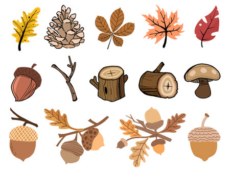 Autumn icons set. Holiday thanksgiving elements for vacation. Minimalist geometric style. Vector flat illustration.のイラスト素材