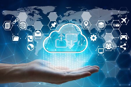 hand holding with virtual screen cloud computing and Interface Icons global network  Cyber Security...