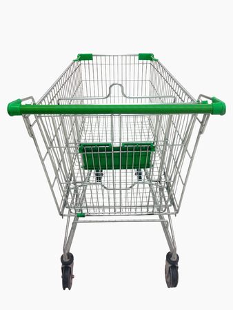 Shopping cart view in Supermarket on white background.の写真素材