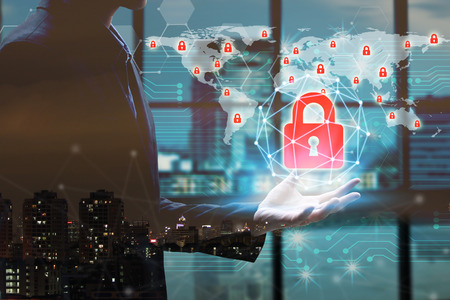 Double exposure of Businessman hand holding with virtual screen padlock Icons global network.