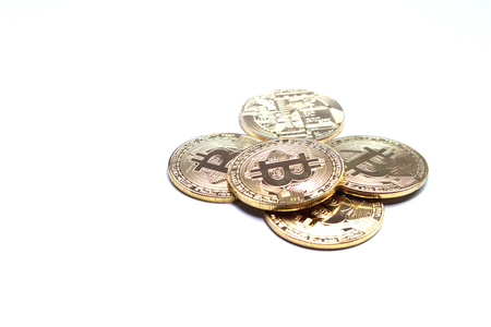 bitcoin and blockchain digital technology on a white background, currency blockchain technology conceptの写真素材