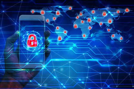 Businessman hand use smartphone with padlock technology, Cyber Security Data Protection Business...