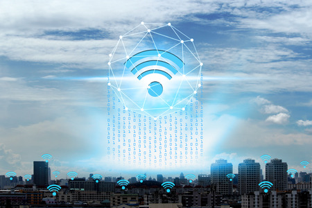 Wifi icons and cityscape network, Internet of global business concept.の写真素材