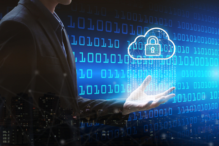 Double exposure of Businessman hand holding interface padlock over the Network connection.
