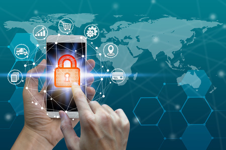 hand use smartphone with padlock icon technology, Cyber Security Data Protection Business Technology...