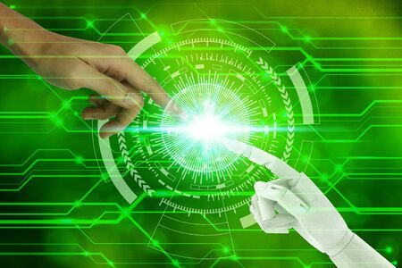 Robot and human hands with touching on nature background, Artificial Intelligence and Technology...