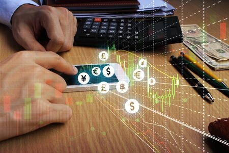 Businessman touch samrtphone network using currency icon technology with virtual screen icons,...