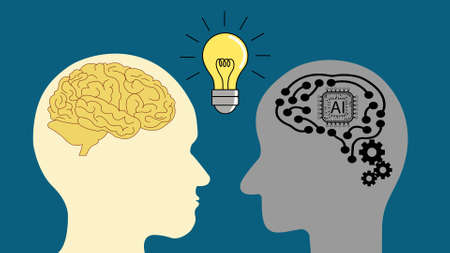 thinking and idea concept with robot and human head, artificial Intelligence (AI) concept.