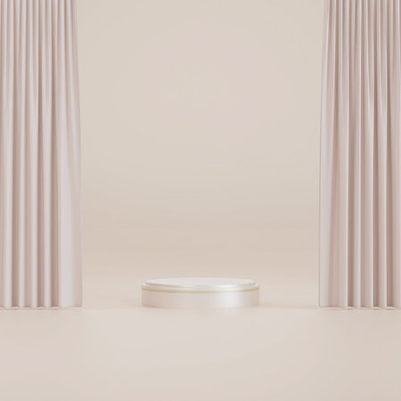 silver cylinder pedestal podium and pastel curtains. product display presentation. 3d renderingの写真素材