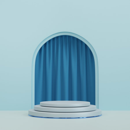 grey cylinder pedestal podium with arch shape backdrop and blue curtain. abstract pastel blue color. 3d renderingの写真素材