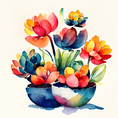 watercolor hand drawn pot plants.  AI generativeの素材