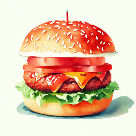 Watercolor hand drawn burger. AI generativeの素材