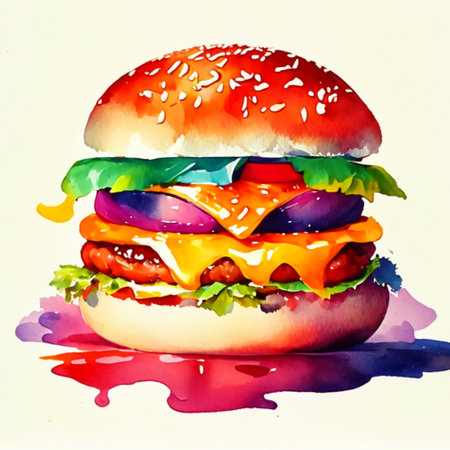 Watercolor hand drawn burger. AI generativeの素材