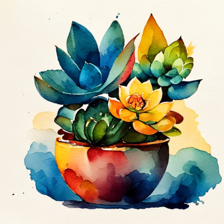 watercolor hand drawn pot plants.  AI generativeの素材