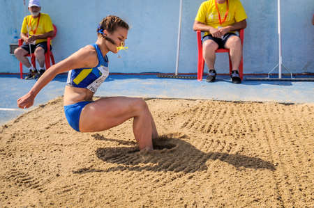 ADAMCHUK Mariya from Ukraine during triple jump girls competition at the European Athletics Youth Championships  in the Athletics Stadium, Tbilisi, Georgia, 16 July 2016のeditorial素材
