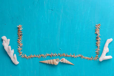 Corals and  pearls  on wooden blue backgroundの写真素材